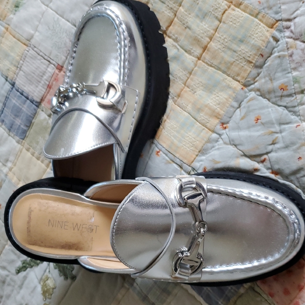 Nine West Metallic Silver Horsebit Mule Clogs